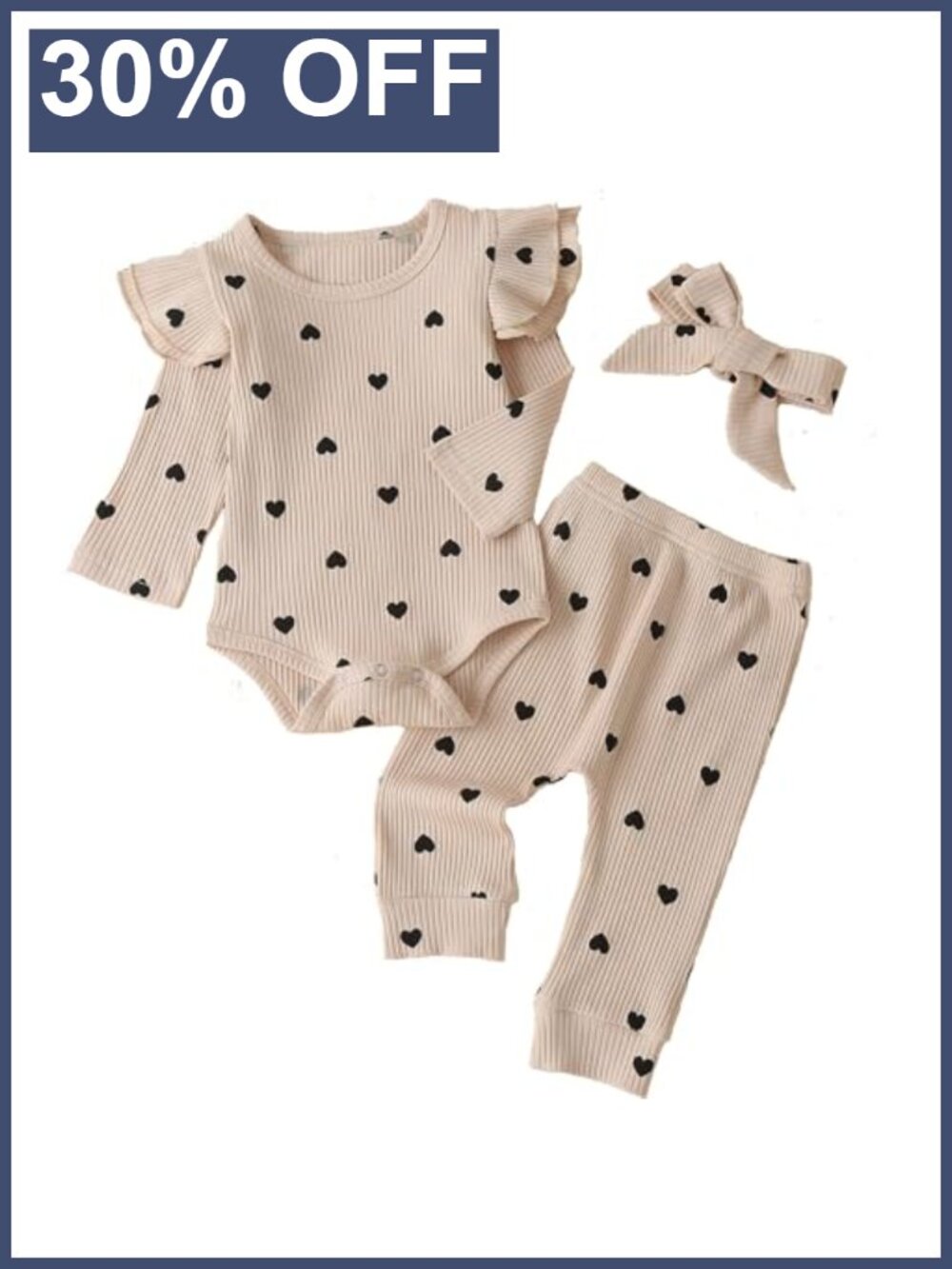 Baby Romper & Pant Set with Headband 3pc Cotton Hearts